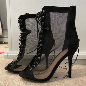 -Brand New- black lace up mesh heels, zipper back